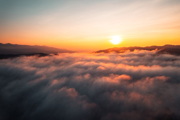 Morning fog in the mountains high angle view