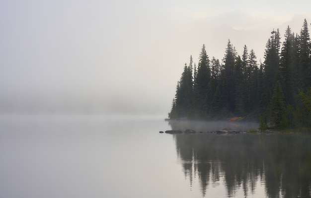 Photo morning fog in pyramid lake with canoes in canada