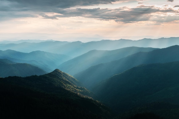 Photo morning fog in spring mountains beautiful sunrise on background landscape photography