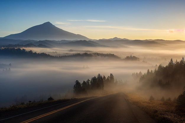 Morning foggy autumn mountain road