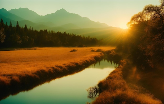 morning in the forest, sunset over the mountains, lake