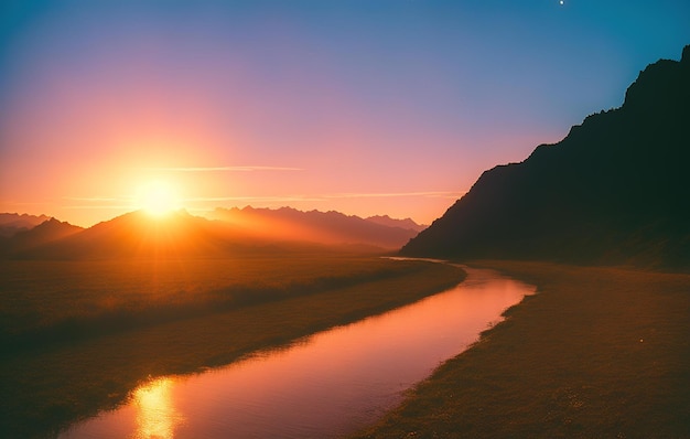 morning in the forest, sunset over the mountains, lake