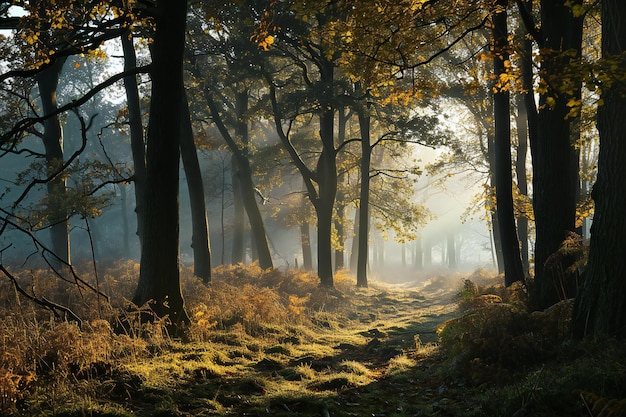 Foto mattina nella foresta con nebbia e raggi di sole paesaggio autunnale