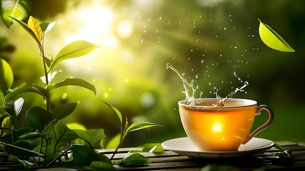 Morning freshness with a cup of tea outdoors sunshine peeking through leaves serene day start AI