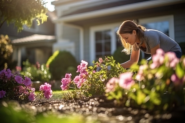 Morning Garden Care Woman Tending Flowers in Yard