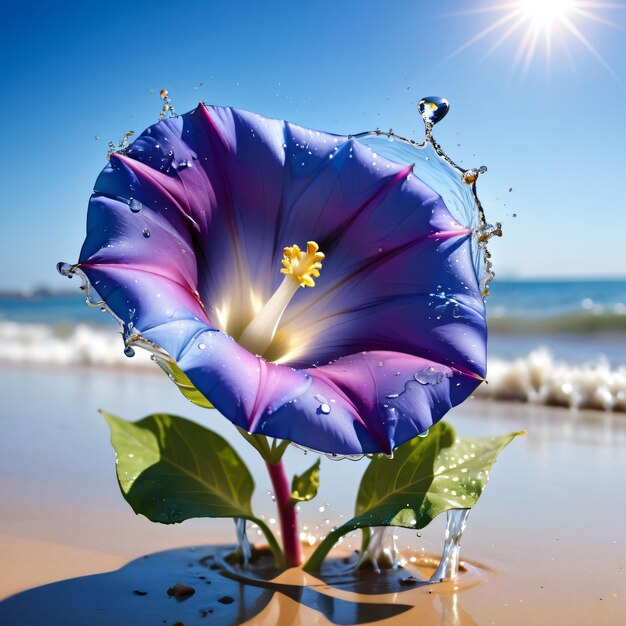 Photo morning glory flower on the beach with splashes of water and blue sky