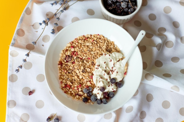 Colazione muesli mattutina con yogurt greco e mirtillo