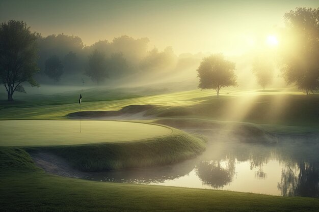 Morning Green golf field with pool with sunlight Made with Generative AI