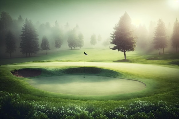 ジェネレーティブ AI で作成された朝日が差し込むプールのある緑のゴルフ場