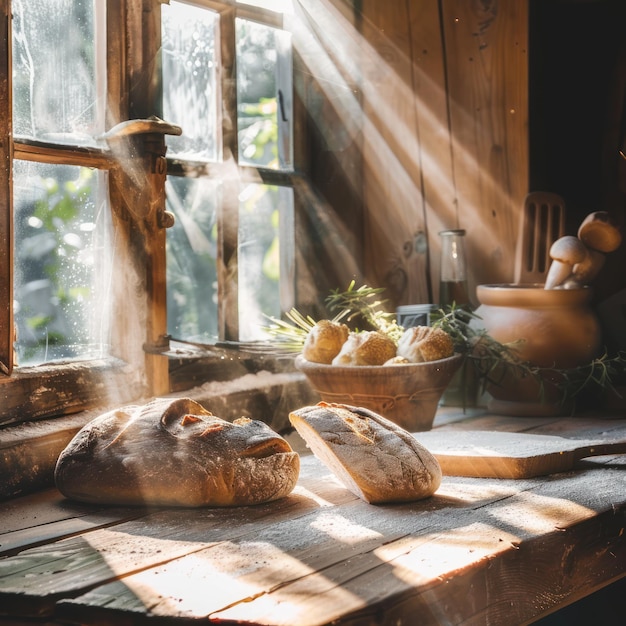 Photo morning hearth freshly baked bread basking in soft sunlight on a wooden table