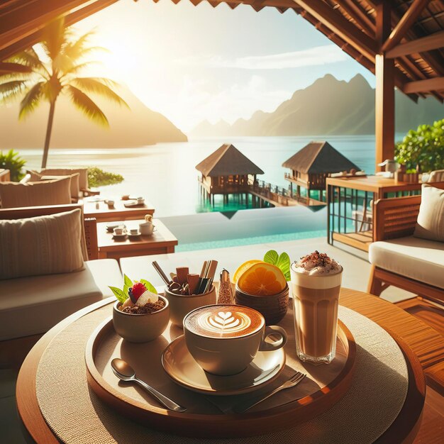 Morning hot coffee latte at resort cafe stock photo