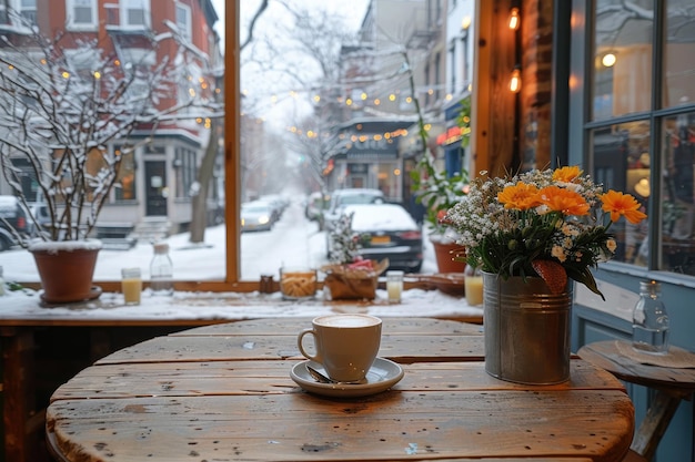 Photo morning hot cup of coffee in the cafe table professional advertising food photography