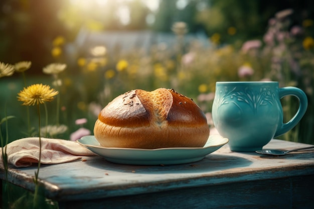 Morning hot tea cup bread Generate Ai