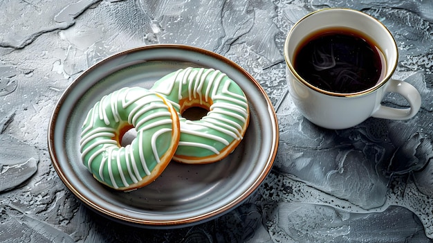 Morning Indulgence with Mint Iced Donuts and Black Coffee A Perfect Start to Any Day Casual Breakfast Treats Stylish Food Presentation AI