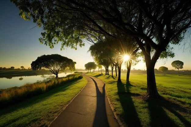 Morning jogging tracking sunlight on green hills Made with Generative AI