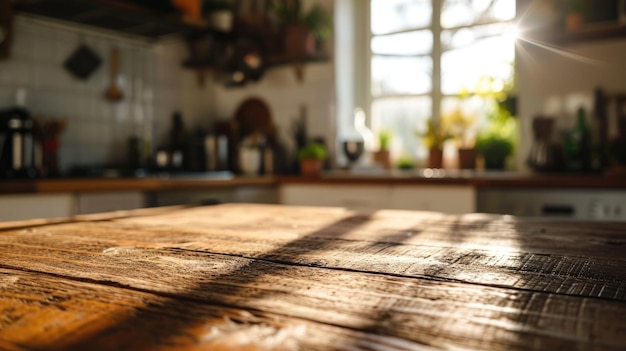 Утренняя кухня Амбиция Деревянный стол в размытом интерьере с ярким абстрактным фоном