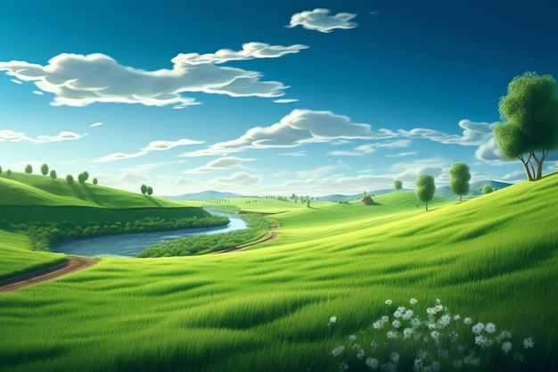 Morning landscape with green grass field featuring river and blue sky ai generated