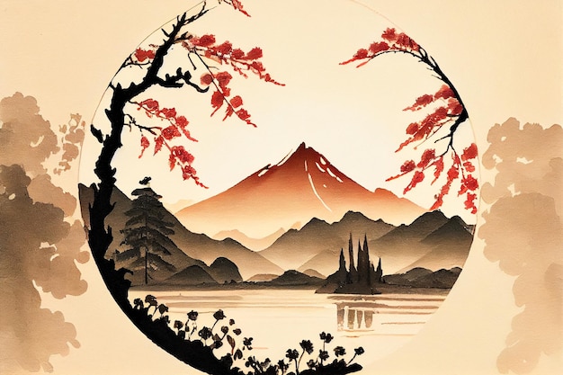松の木と山の朝の風景 ビンテージ アジアン スタイルで手書き ジェネレーティブ AI