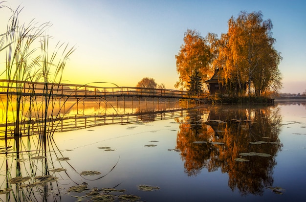 Paesaggio mattutino, casetta di caccia in legno, su una piccola isola artificiale. una piattaforma di legno sta arrivando alla casa, alberi di betulla crescono su entrambi i lati. villaggio della vecchia solotvin