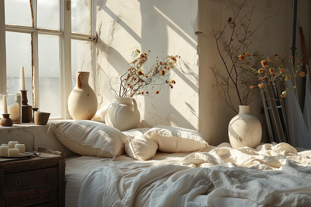 Photo morning light in a bohemian bedroom with earthy pottery and linen bedding