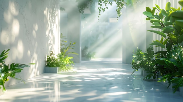 Photo morning light cascading in modern greenhouse corridor