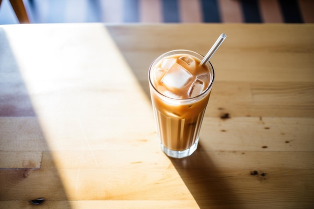 カフェのテーブルの上で氷のチャイラテに影を落とす朝の光