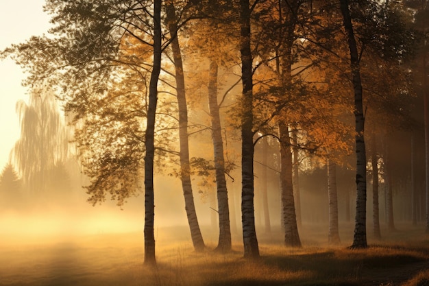 スウェーデンの田舎の落葉樹にかかる朝の光 太陽の光と霧のある穏やかな自然の風景