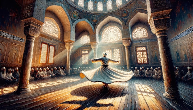 Masjid Sufi Mevlevi Dervish의 아침 빛 캔버스에 회전하는 기름 그림