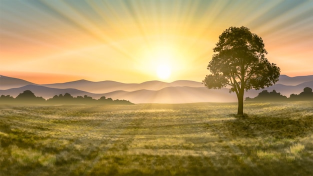 Illustrazione di alba del prato della luce del mattino