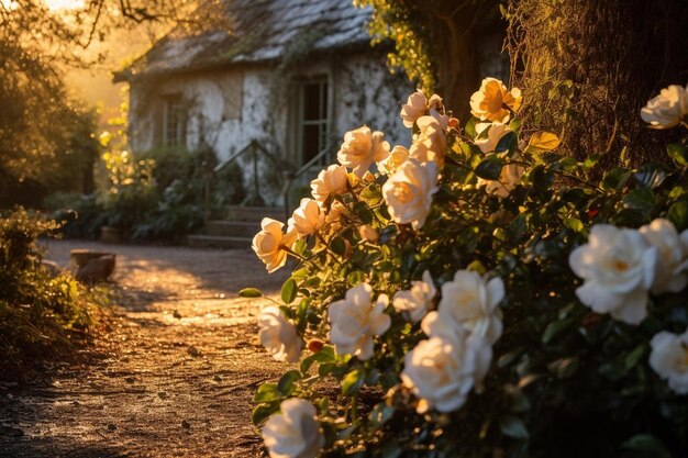 写真 花の散らばった小屋の朝の光