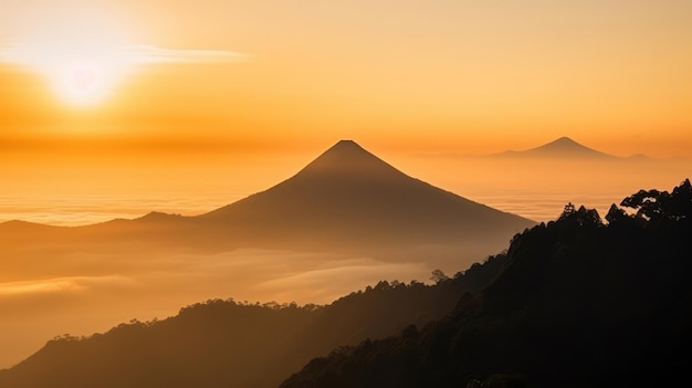 Morning light in volcano island mountain landscape Illustration AI GenerativexD