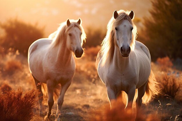 Morning Majesteit wilde paarden in de natuur onder zacht licht Generatief door AI