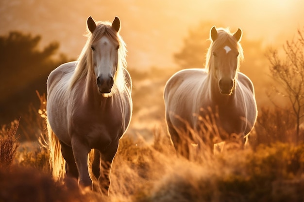 Утреннее величество диких лошадей в природе под мягким светом, созданным искусственным интеллектом