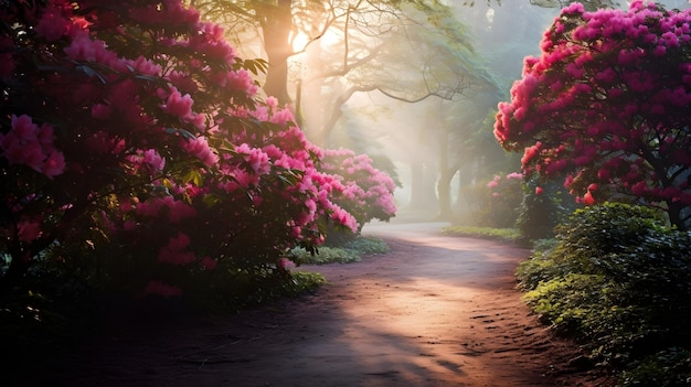 Foto nebbia mattutina e splendore colorato una visione onirica di un giardino di azalea in piena fioritura