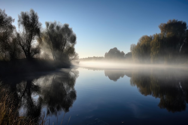 Morning mist on lake with reflections of trees and sky created with generative ai