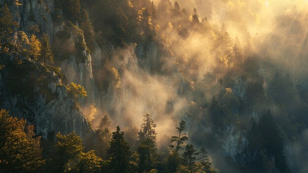 the morning mist on the mountainsThick fog covers green dense forest amazing morning concept