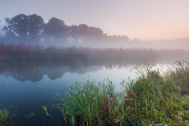 Morning mist over a small river at dawn sky background