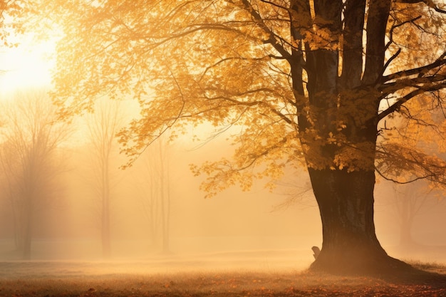 スウェーデンの落葉樹の朝霧 自然の中で太陽に照らされた黄色の葉の田園風景