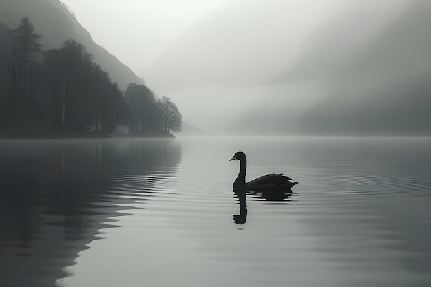 Morning mist over a tranquil lake with a single black swan gliding peacefully