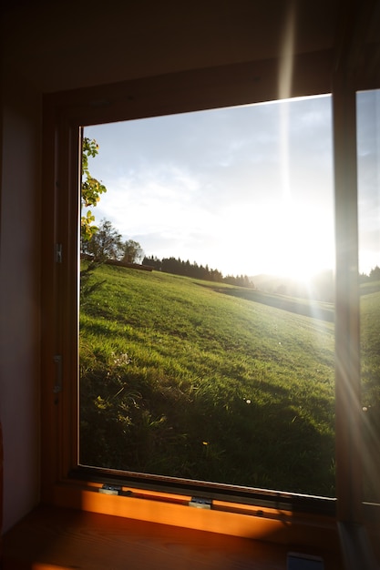 Morning in the mountains. beautiful view from the window at dawn in the mountains