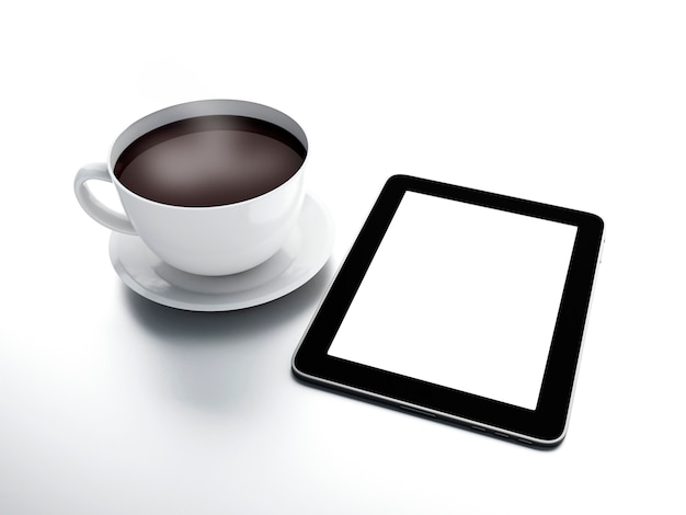 Morning nieuws. Koffiekop met tabletpc op wit geïsoleerde achtergrond