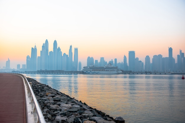 Morning Panorama of Dubai marina at sunrise