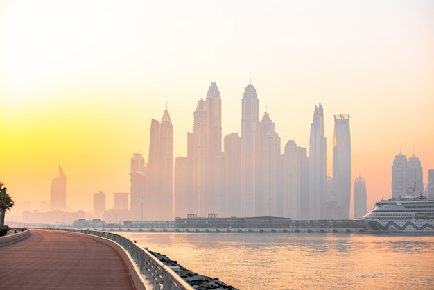 Morning Panorama of Dubai marina at sunrise