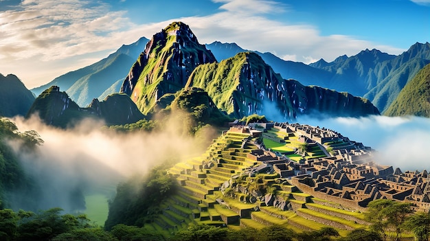 Photo morning panorama view of hidden saced inca city machu picchu peru