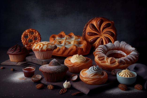 Photo morning pastries with different fillings on dark background in bakery