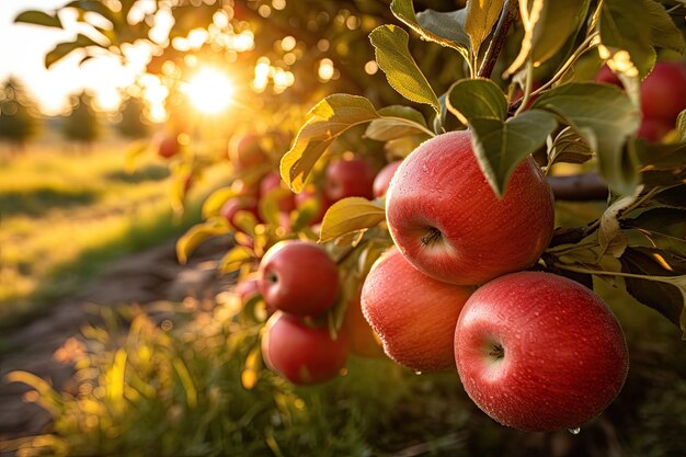 Morning photo of ripe apples in an orchard ready for harvest