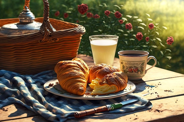 朝のピクニック ブレークおいしいクロワッサン ペストリーとコーヒー
