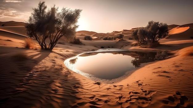 写真 砂漠の静かな風景のオアシスの水の朝の反射