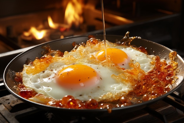 Morning ritual sizzling sunny side up eggs in a frying pan