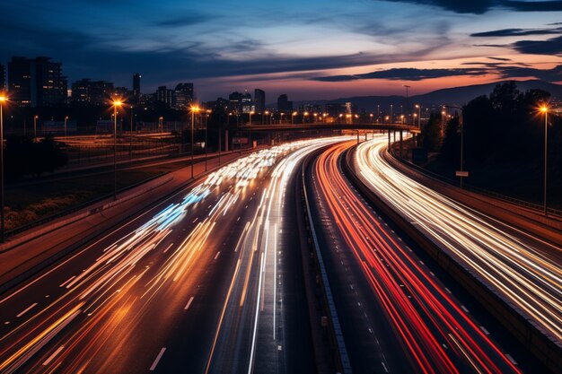 魅力的なモーション ブラーを備えた一般的な高速道路の朝のラッシュアワーの交通状況